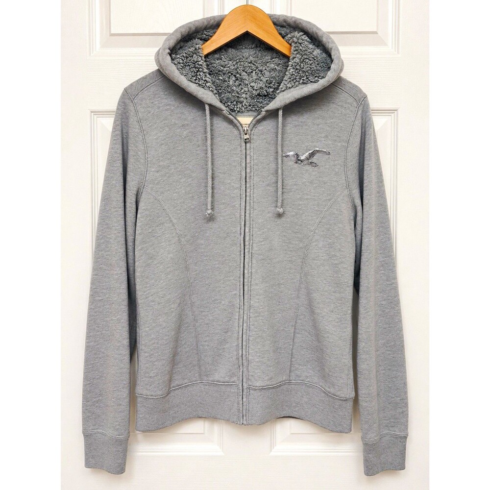 Hollister Women’s L Gray Sherpa Lined Full Zip Hoodie Sequin Logo Y2K